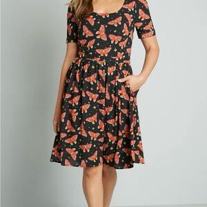 Black and Orange Butterfly Print Dress